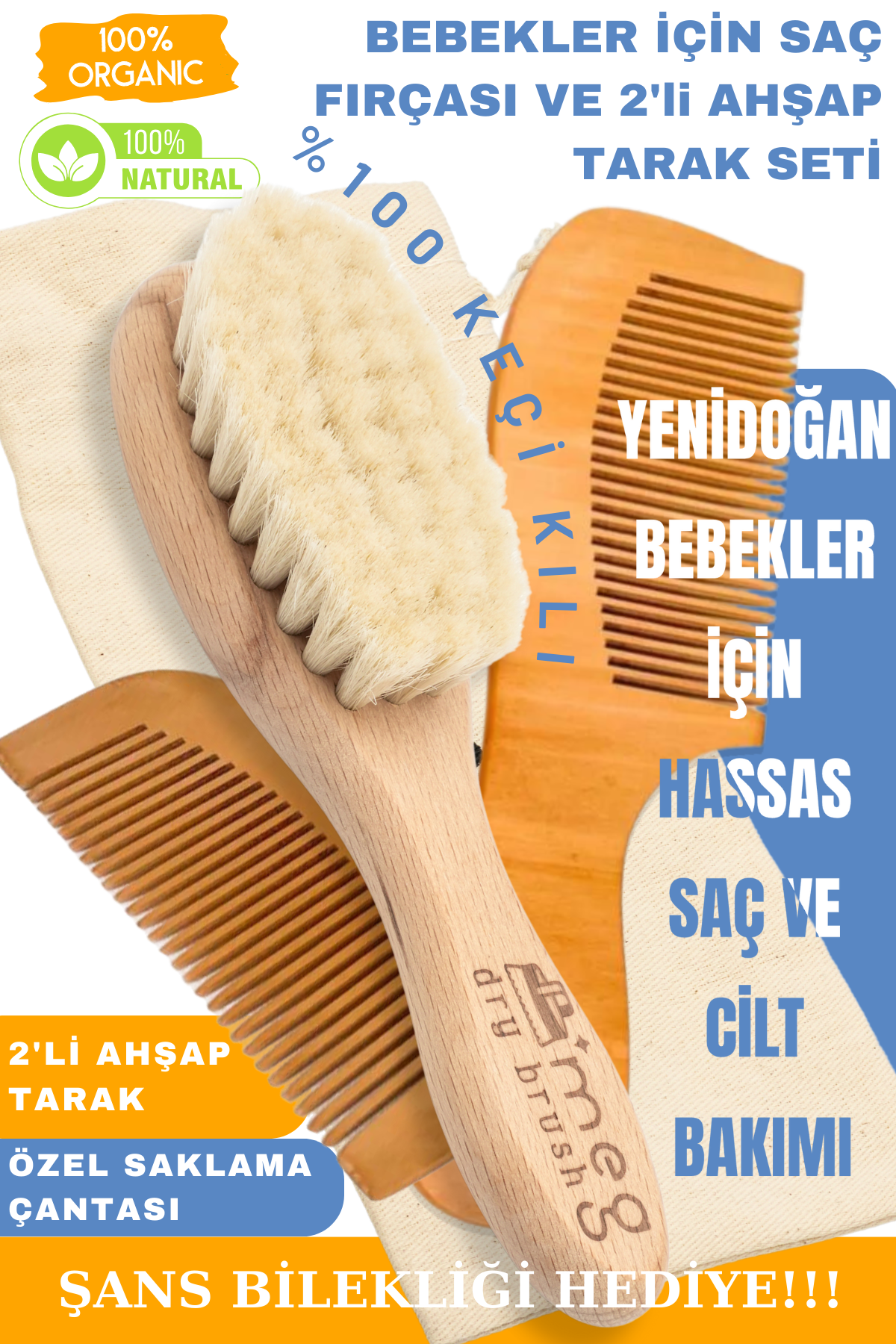 MEG Dry Brush %100 Keçi Kılı Bebek Fırçası ve 2'li Ahşap Tarak Seti