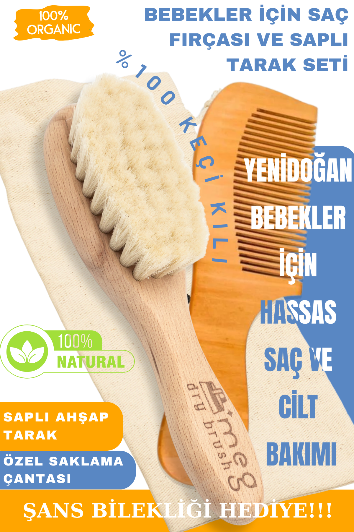 MEG Dry Brush %100 Keçi Kılı Bebek Fırçası ve Saplı Tarak Seti