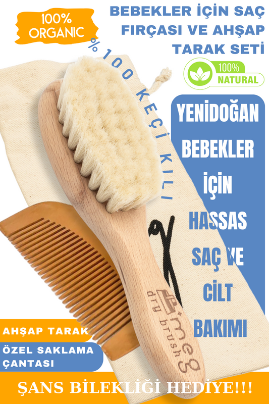 MEG Dry Brush %100 Keçi Kılı Bebek Tarağı ve Ahşap Tarak Seti