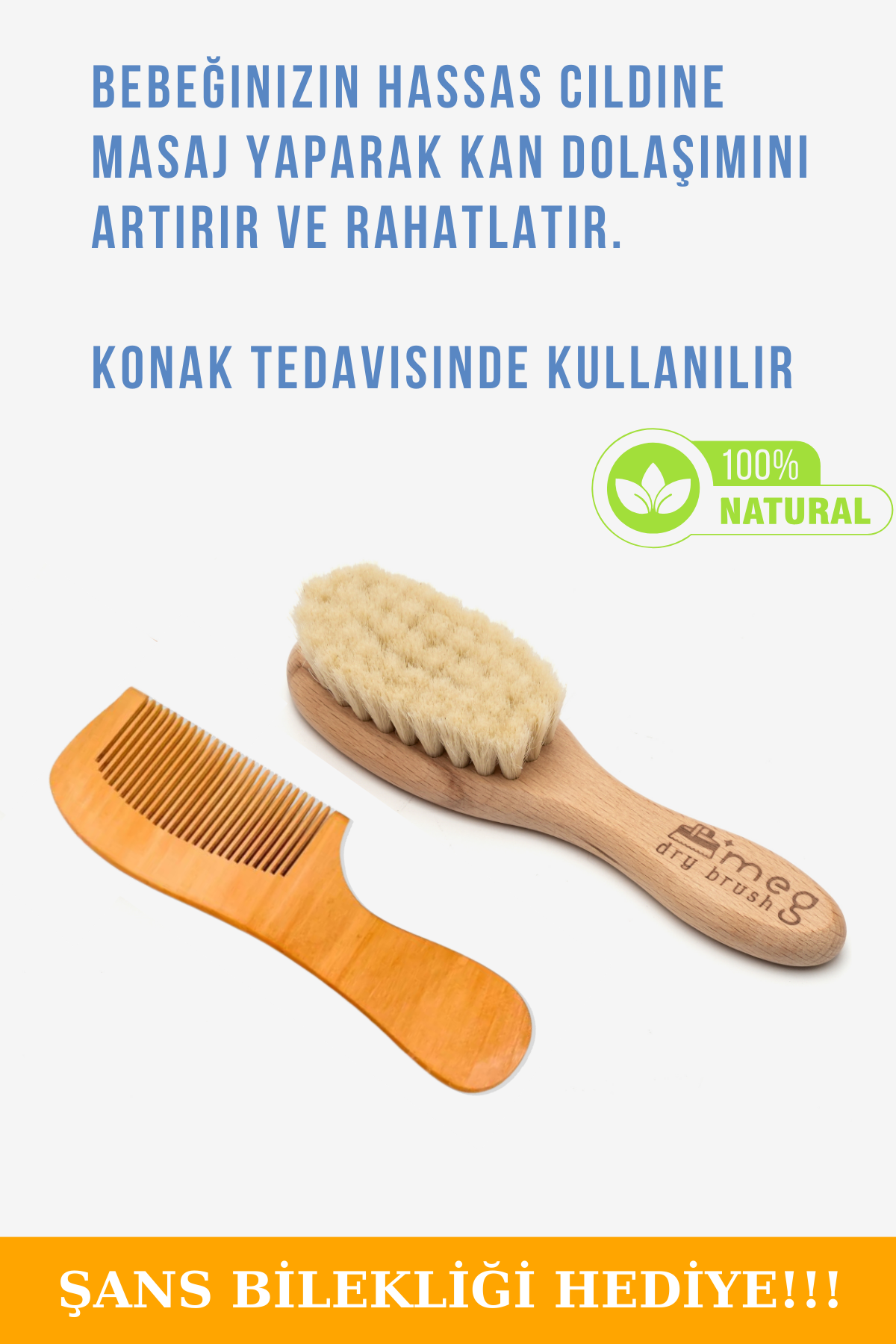 MEG Dry Brush %100 Keçi Kılı Bebek Fırçası ve Saplı Tarak Seti