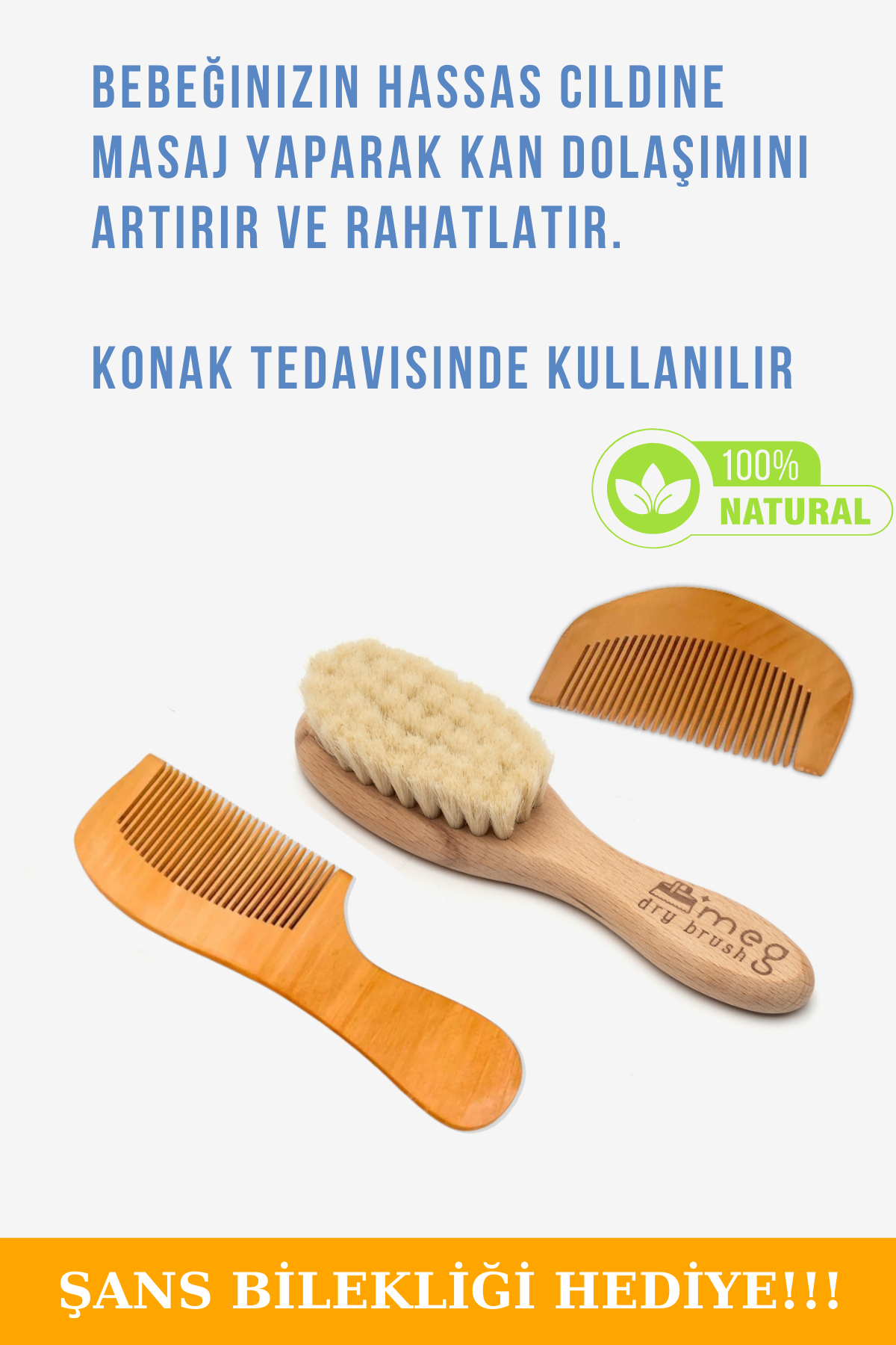 MEG Dry Brush %100 Keçi Kılı Bebek Fırçası ve 2'li Ahşap Tarak Seti