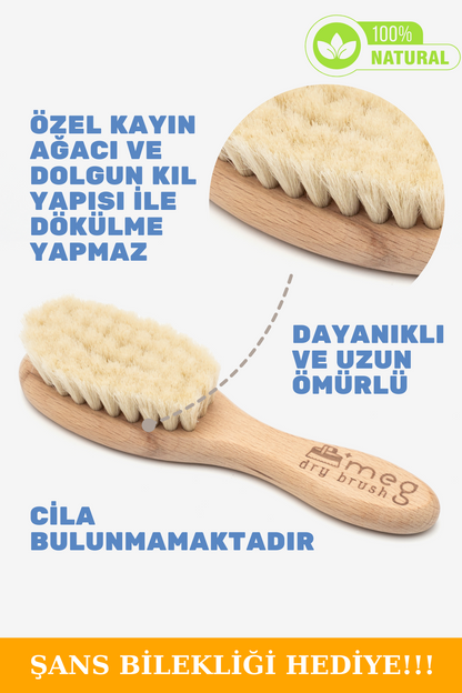 MEG Dry Brush %100 Keçi Kılı Bebek Fırçası ve Saplı Tarak Seti