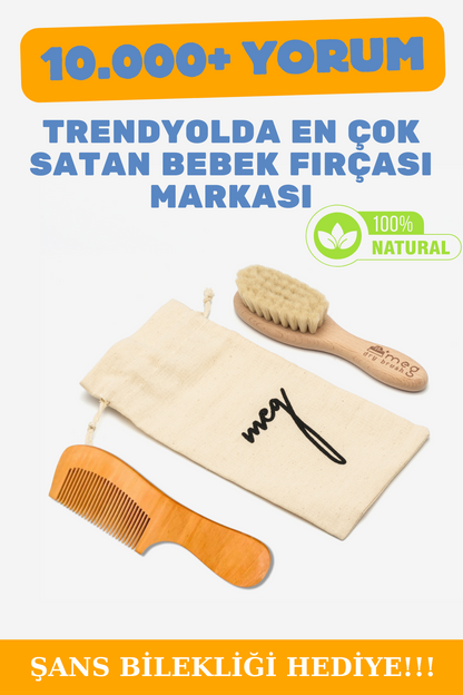 MEG Dry Brush %100 Keçi Kılı Bebek Fırçası ve Saplı Tarak Seti