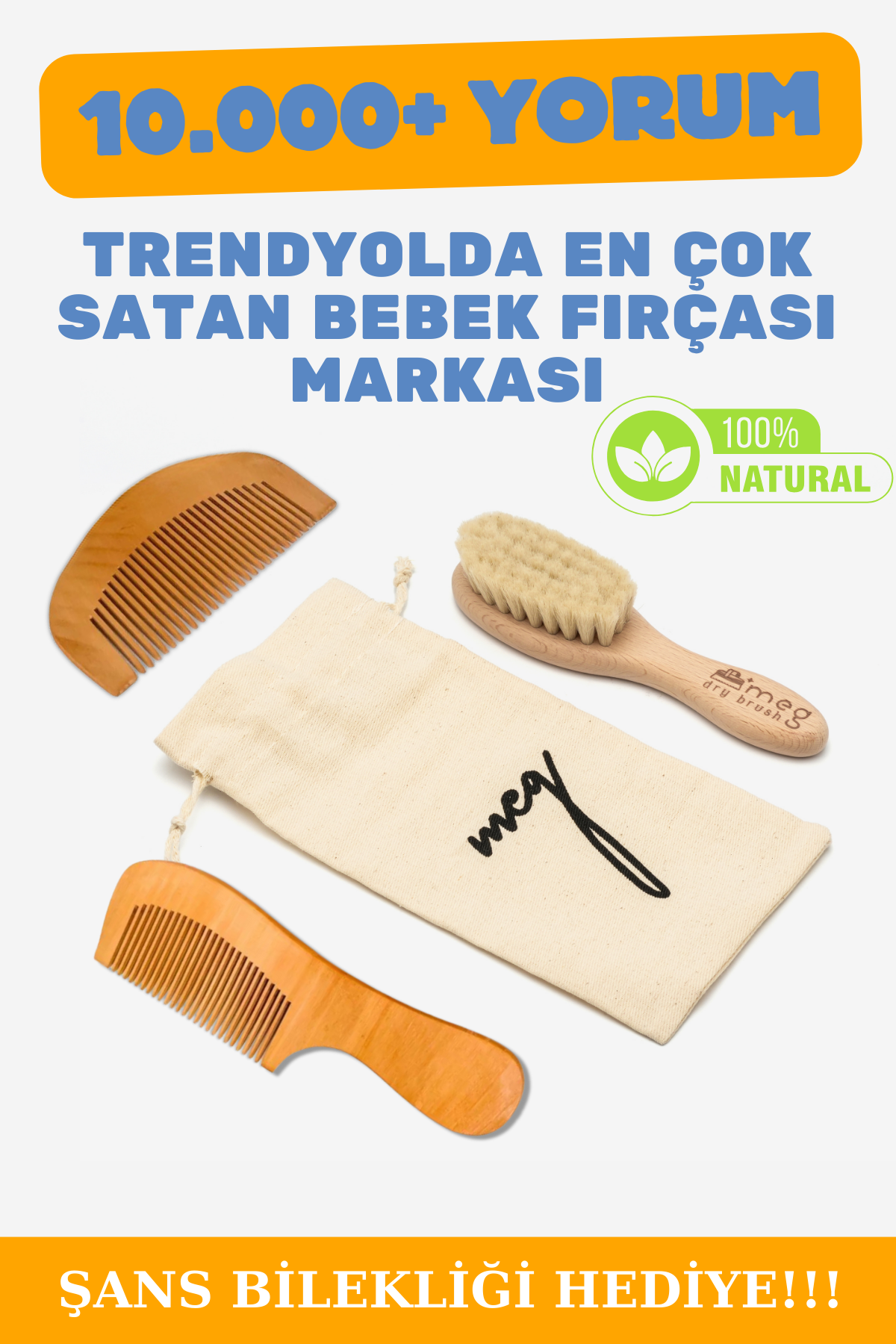 MEG Dry Brush %100 Keçi Kılı Bebek Fırçası ve 2'li Ahşap Tarak Seti