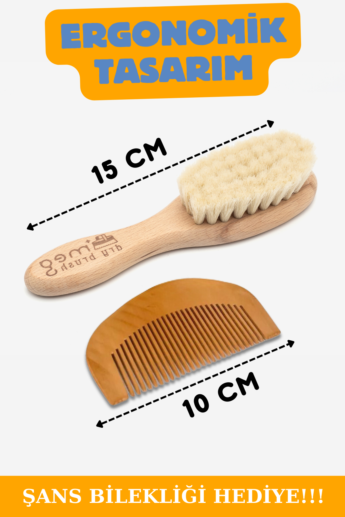 MEG Dry Brush %100 Keçi Kılı Bebek Tarağı ve Ahşap Tarak Seti